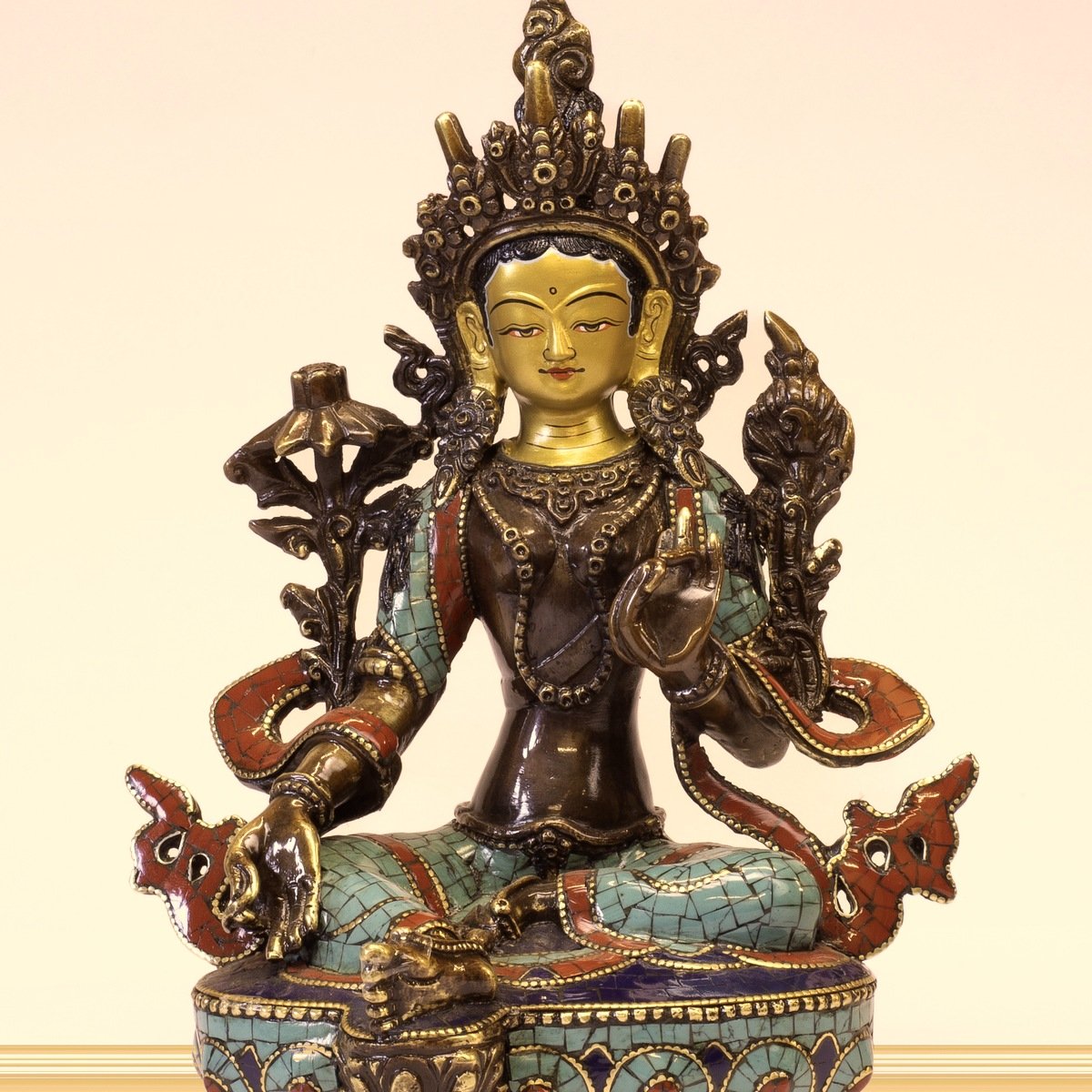 Handmade gilt Green Tara statue from Nepal