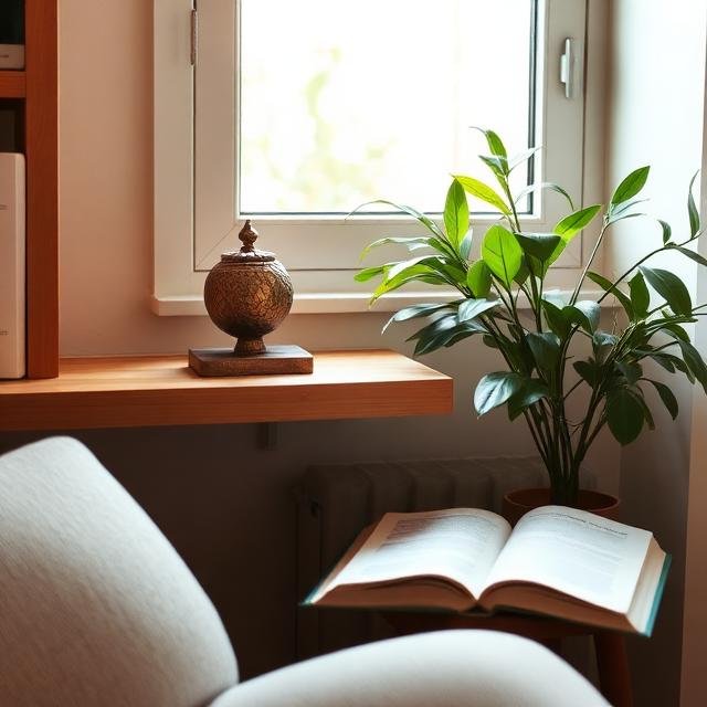 Singing bowl beside a meditation cushion at dawn