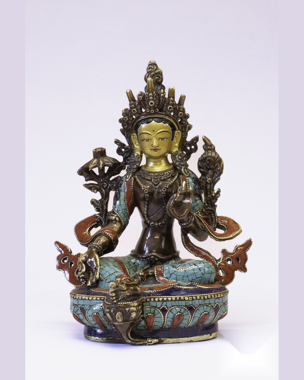 Hand-finished gilt Tara statue, hand-painted detailing