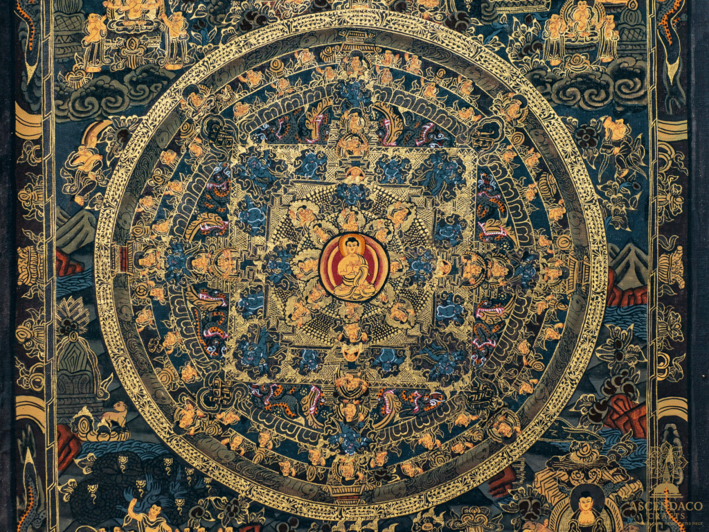 Vintage Gold Mandala Thangka – “Wheel of Eternity” & “Celestial Lotus” — 1970s Cotton Canvas Paintings with 24K Gold