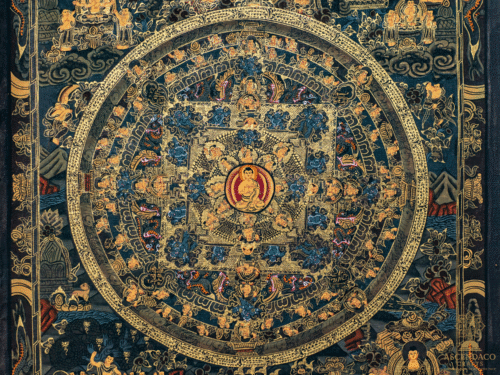 Vintage Gold Mandala Thangka – "Wheel of Eternity" & "Celestial Lotus" — 1970s Cotton Canvas Paintings with 24K Gold