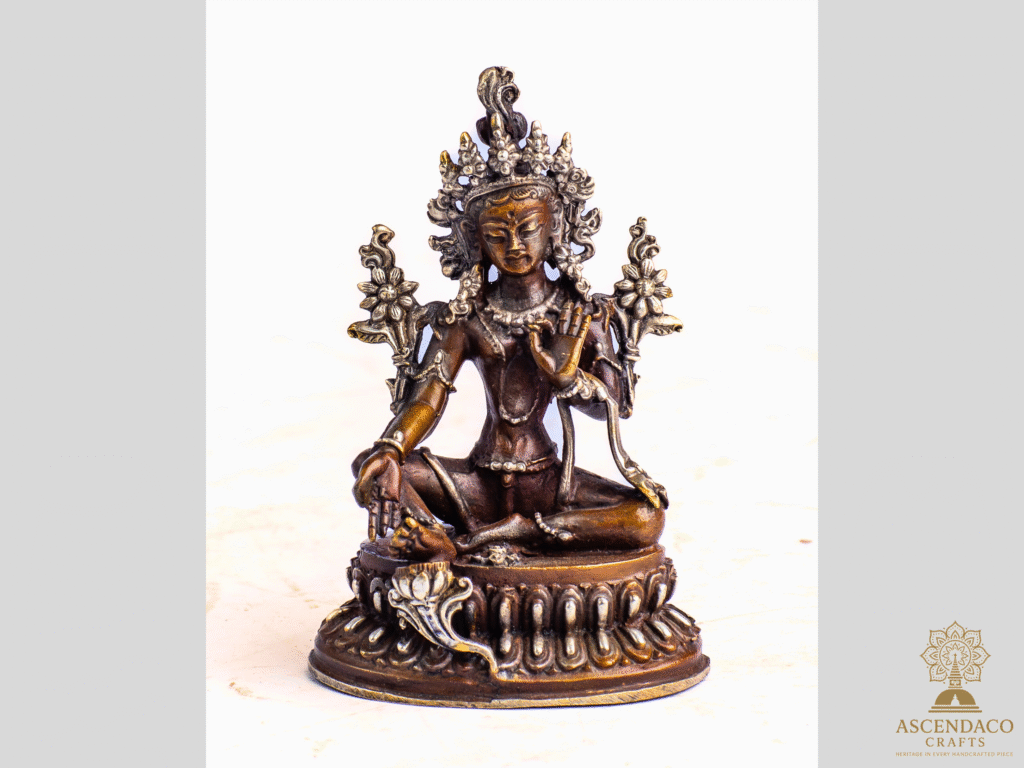 Hand‑Cast Copper Green Tara Bodhisattva | 4×3″ Nepal Artisan Sculpture