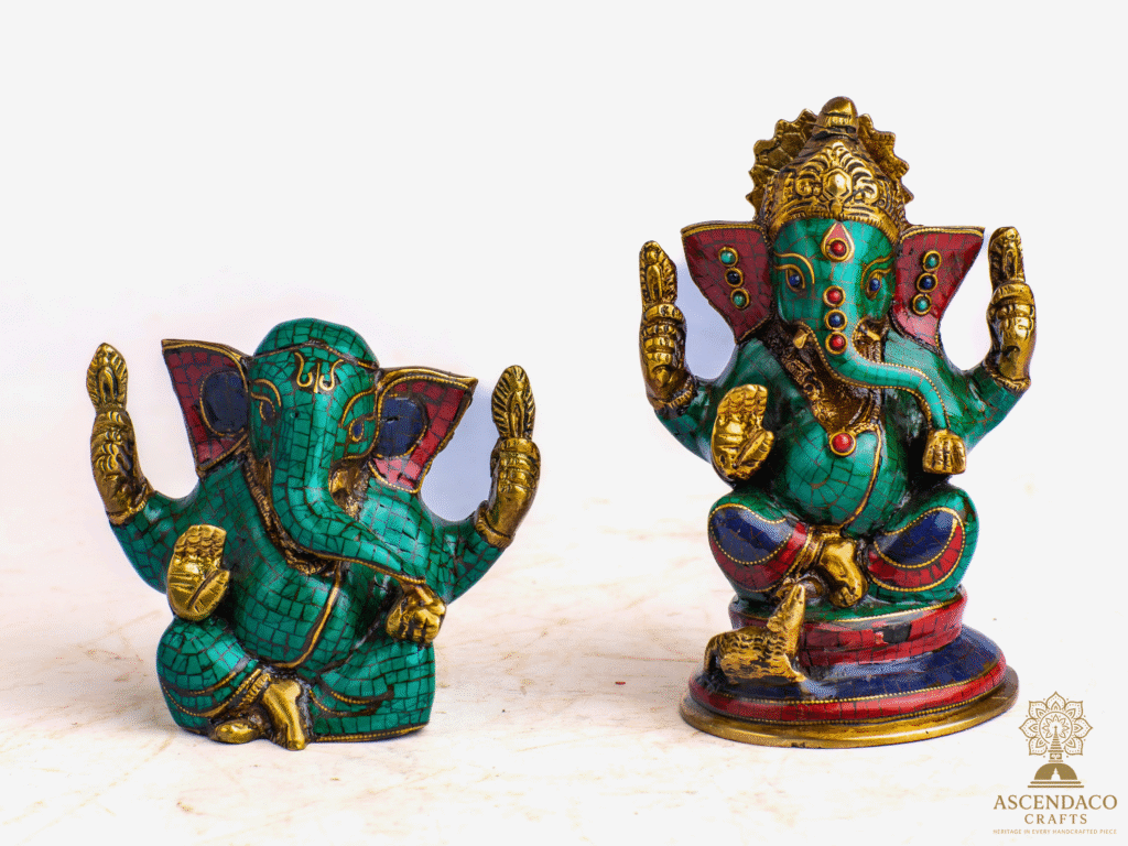 Handmade Resin Ganesha Statue with Stone Inlay – Hindu God of Prosperity –Two Size – Home Decor, Meditation Altar, Ganapati Idol Gift