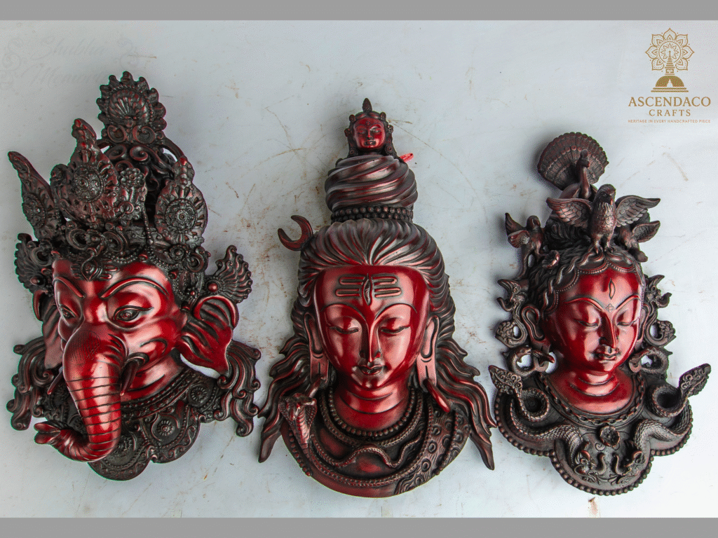 Divine Trio Wall Mask | Ganesha Shiva Parvati Set – Handcrafted Nepalese Resin Spiritual Decor