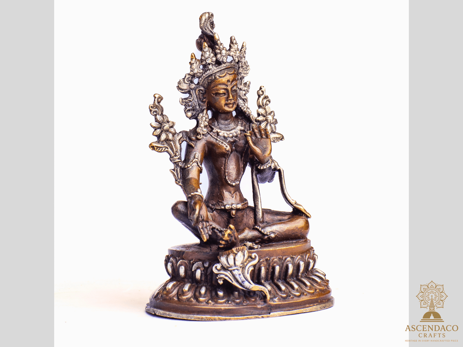 Hand‑Cast Copper Green Tara Bodhisattva | 4×3″ Nepal Artisan Sculpture - Image 4