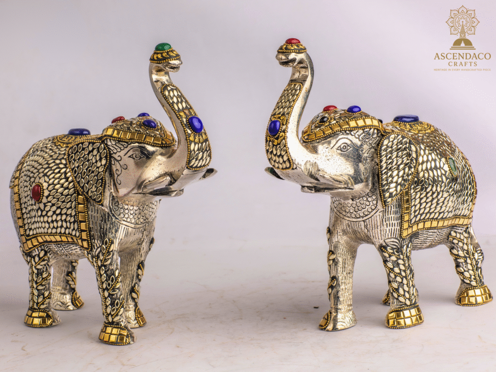 Royal Jewelled Elephant Statue – Handcrafted Decorative Figurine with Gold & Gemstone Inlay | 8×10” Elephant Décor from Nepal