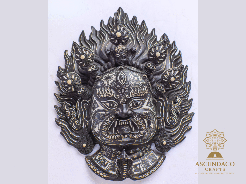 Handcrafted Mahakala Wall Mask – Fierce Protector Deity | Resin Black & Silver Finish | 12” Sacred Himalayan Art by AscendaCo Crafts