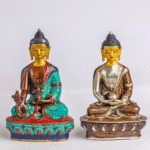 Handcrafted Copper Buddha Statues – 9″ & 5″ Options – Gold-Plated, Stone Chip Inlay – Individual or Combo (Meditation Décor)