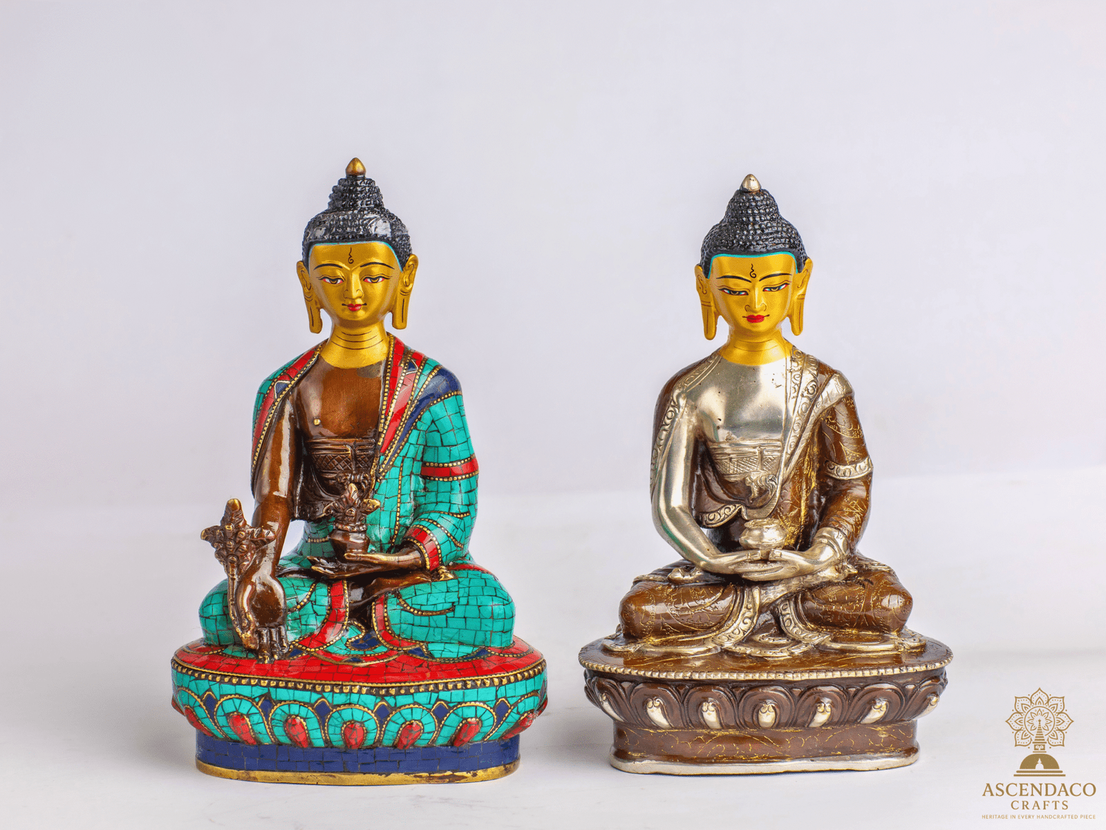 Handcrafted Copper Buddha Statues – 9″ & 5″ Options – Gold-Plated, Stone Chip Inlay – Individual or Combo (Meditation Décor)