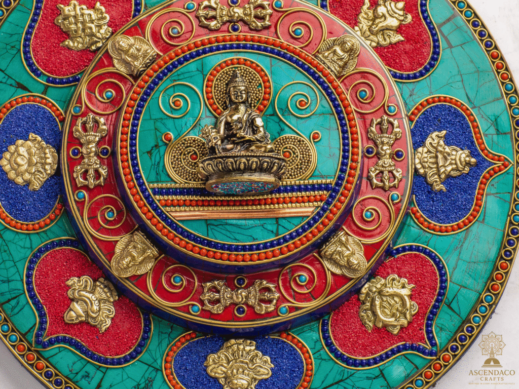Sacred Mandala Wall Plate with Buddha | 10″ Handmade Tibetan Turquoise & Coral Inlay | Spiritual Home Decor from Nepal | AscendaCo Crafts