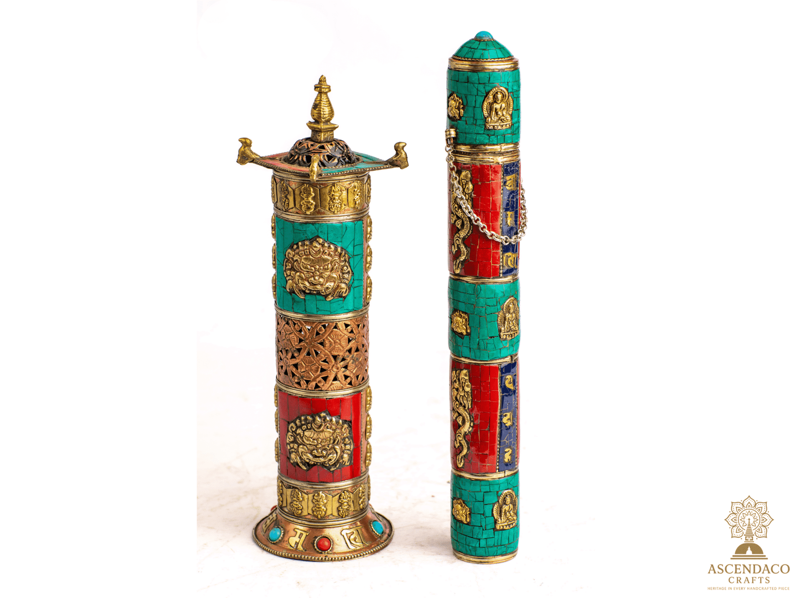 Handcrafted Tibetan Incense Box with Stone & Brass Inlay | Single or Combo Set