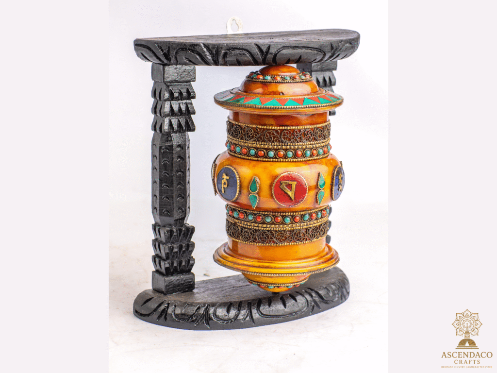 Handcrafted Tibetan Prayer Wheels | 3‑Piece Spiritual Manay | Meditation & Karma Blessings- Amber‑Wood, Brass N Mixed Mediums (9″, 10″, 17″)