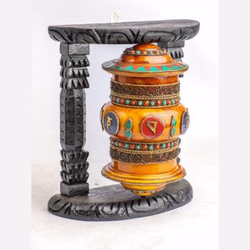 Handcrafted Tibetan Prayer Wheels | 3‑Piece Spiritual Manay | Meditation & Karma Blessings- Amber‑Wood, Brass N Mixed Mediums (9″, 10″, 17″)