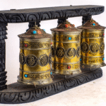 Handcrafted Tibetan Prayer Wheels | 3‑Piece Spiritual Manay | Meditation & Karma Blessings- Amber‑Wood, Brass N Mixed Mediums (9″, 10″, 17″)