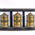 Handcrafted Tibetan Prayer Wheels | 3‑Piece Spiritual Manay | Meditation & Karma Blessings- Amber‑Wood, Brass N Mixed Mediums (9″, 10″, 17″)