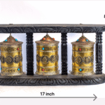 Handcrafted Tibetan Prayer Wheels | 3‑Piece Spiritual Manay | Meditation & Karma Blessings- Amber‑Wood, Brass N Mixed Mediums (9″, 10″, 17″)