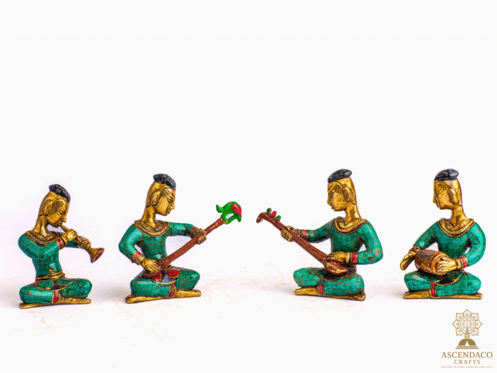 Handcrafted Brass Musician Figurine Set | Nepali Folk Band Statues | Stone Inlay Miniatures | Traditional Home Decor | AscendaCo Crafts