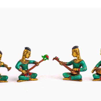 Handcrafted Brass Musician Figurine Set | Nepali Folk Band Statues | Stone Inlay Miniatures | Traditional Home Decor | AscendaCo Crafts