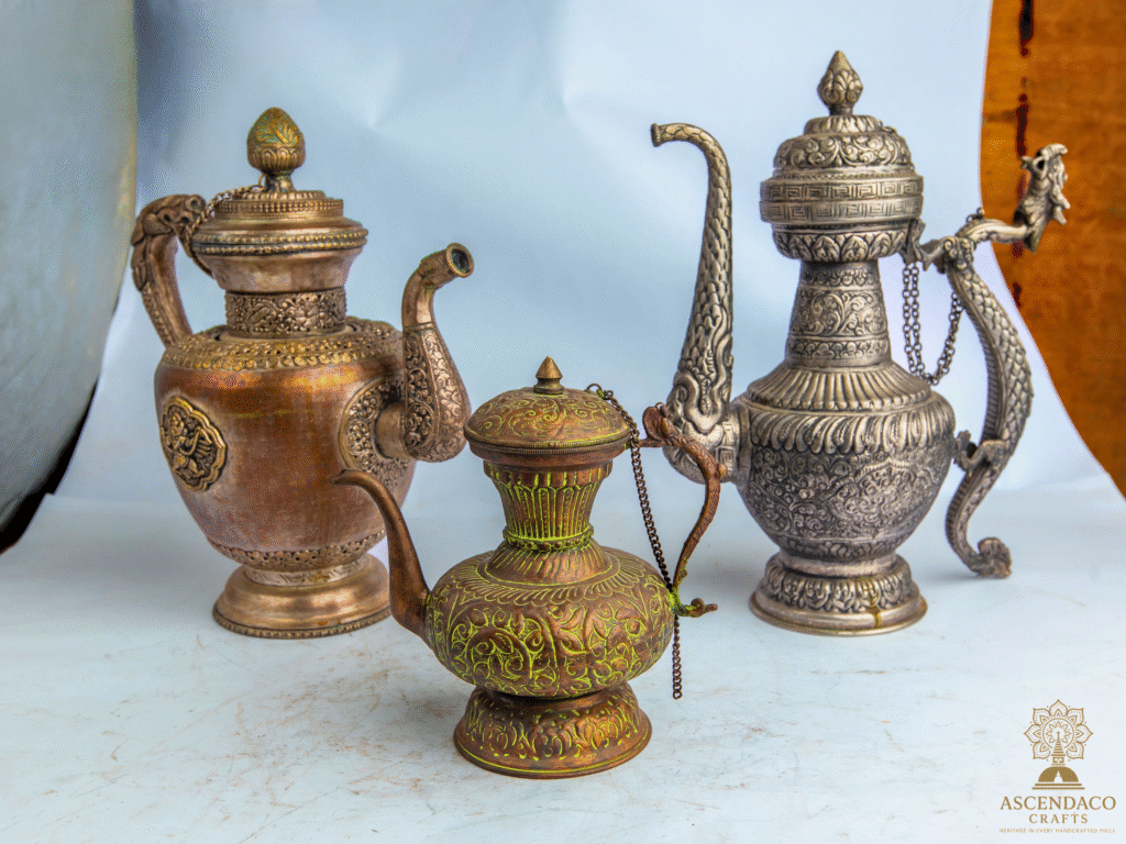 Handcrafted Antique Nepali Teapots | Vintage Water Kettle Décor | Copper & White Metal Ethnic Pots | Sold Individually or as Combo Set