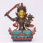 Bronze Manjushree & Buddha Statue Set | 9″ Handmade Tibetan Decor | Lapis, Turquoise, Coral Inlay | Spiritual Gift | Buddhist Sculpture