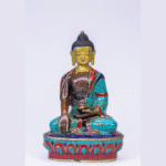 Bronze Manjushree & Buddha Statue Set | 9″ Handmade Tibetan Decor | Lapis, Turquoise, Coral Inlay | Spiritual Gift | Buddhist Sculpture