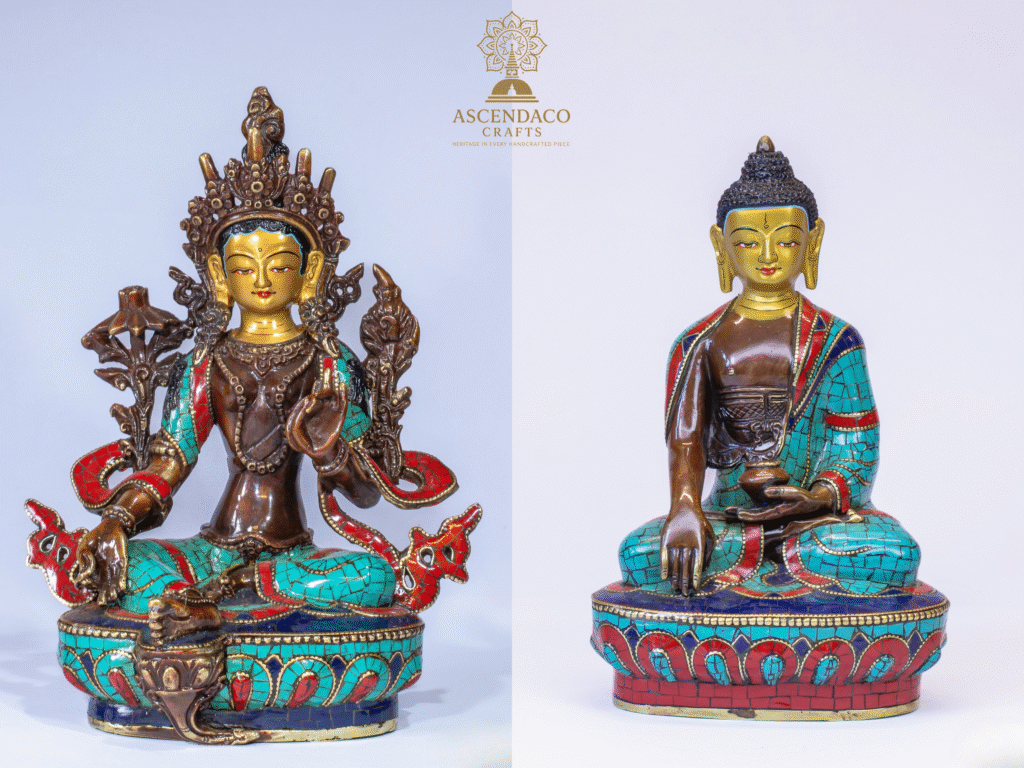 Bronze Manjushree & Buddha Statue Set | 9″ Handmade Tibetan Decor | Lapis, Turquoise, Coral Inlay | Spiritual Gift | Buddhist Sculpture