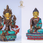 Bronze Manjushree & Buddha Statue Set | 9″ Handmade Tibetan Decor | Lapis, Turquoise, Coral Inlay | Spiritual Gift | Buddhist Sculpture