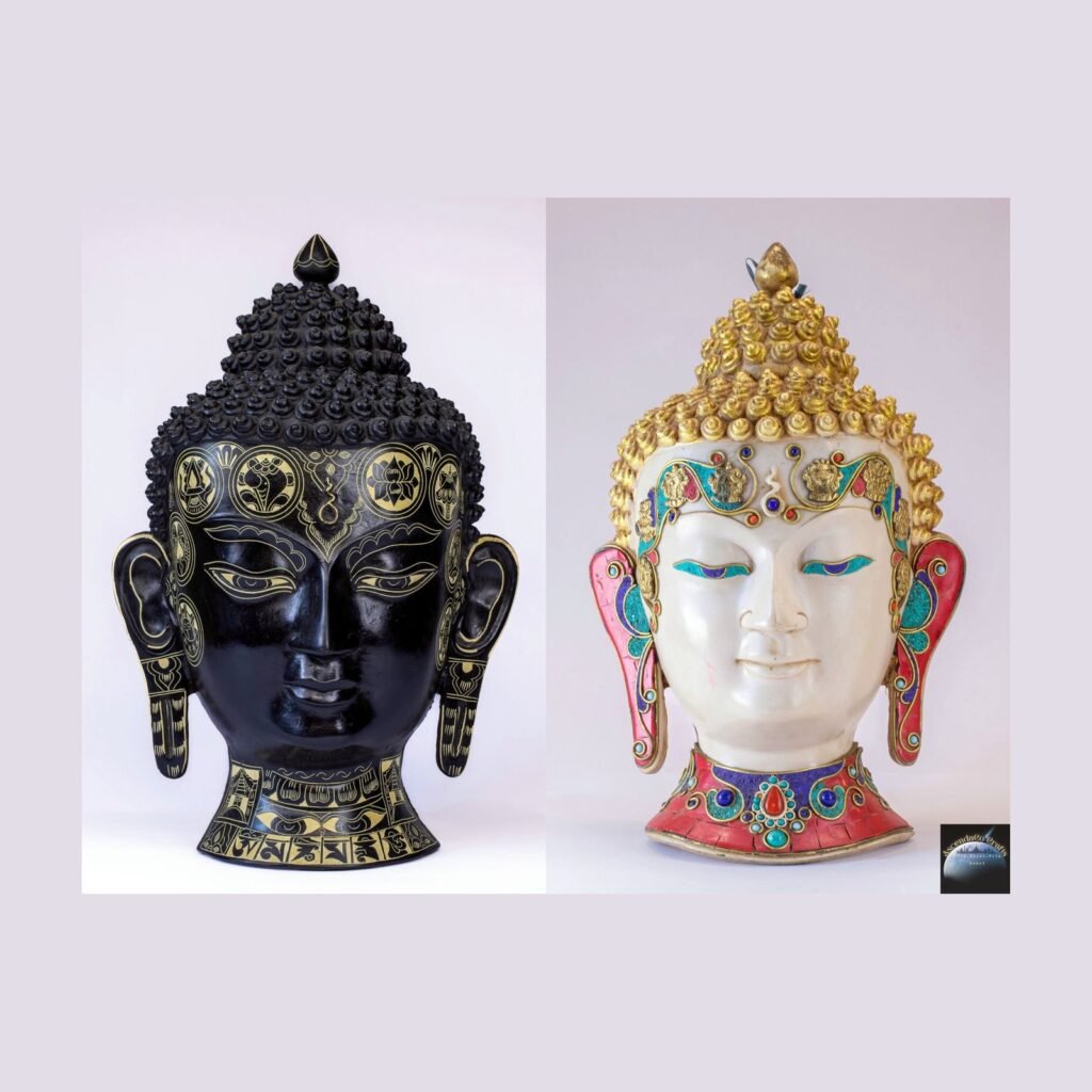 Buddha Head Wall Hanging — Black & White Resin with Stone Inlay (15″)