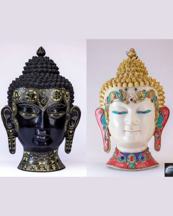 Buddha Head Wall Hanging — Black & White Resin with Stone Inlay (15")
