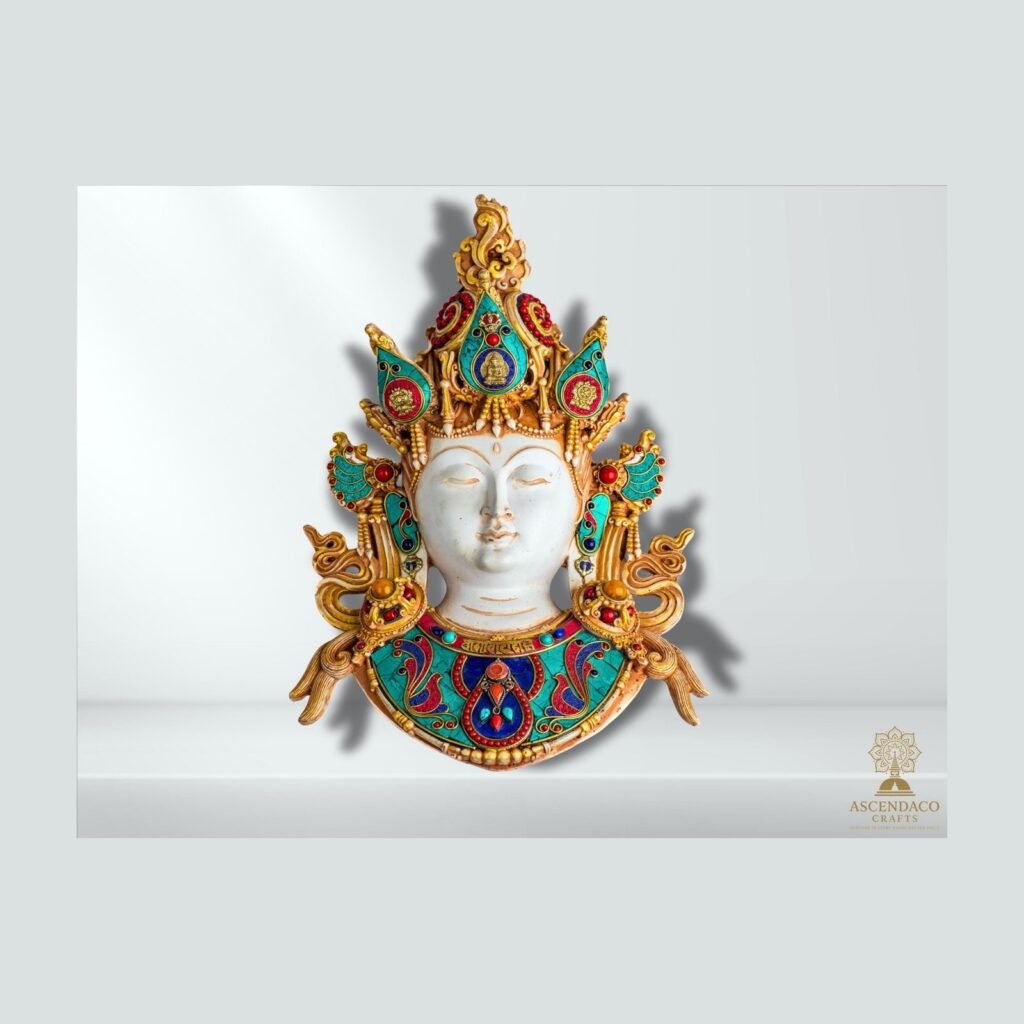 Green Tara Wall Mask — Hand-Painted Resin with Stone-Chip Inlay (15″)