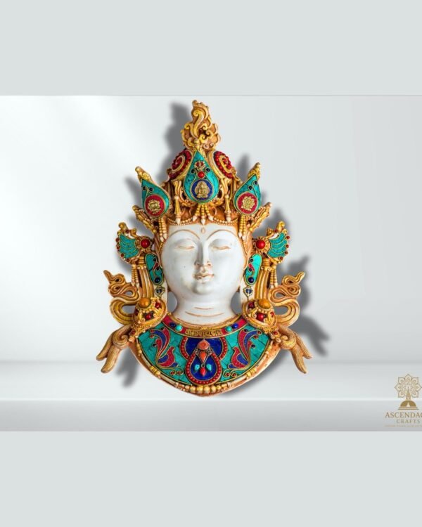 Green Tara Wall Mask — Hand-Painted Resin with Stone-Chip Inlay (15")