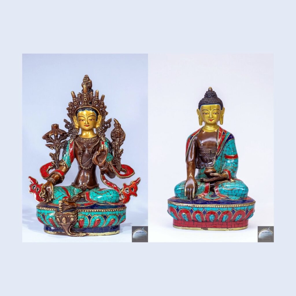Manjushree & Buddha Bronze Statue Set — Lapis, Turquoise & Coral Inlay