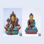Manjushree & Buddha Bronze Statue Set — Lapis, Turquoise & Coral Inlay