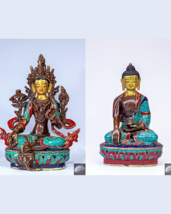 Manjushree & Buddha Bronze Statue Set — Lapis, Turquoise & Coral Inlay
