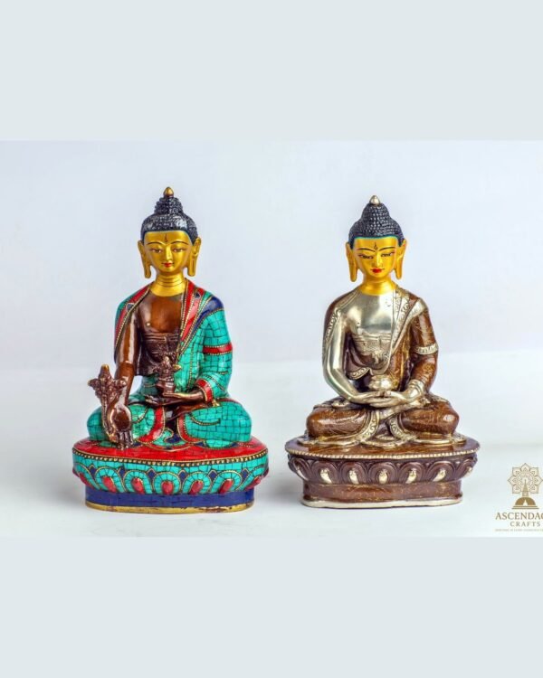 Gold-Plated Copper Buddha Statue — Stone-Chip Inlay (9")