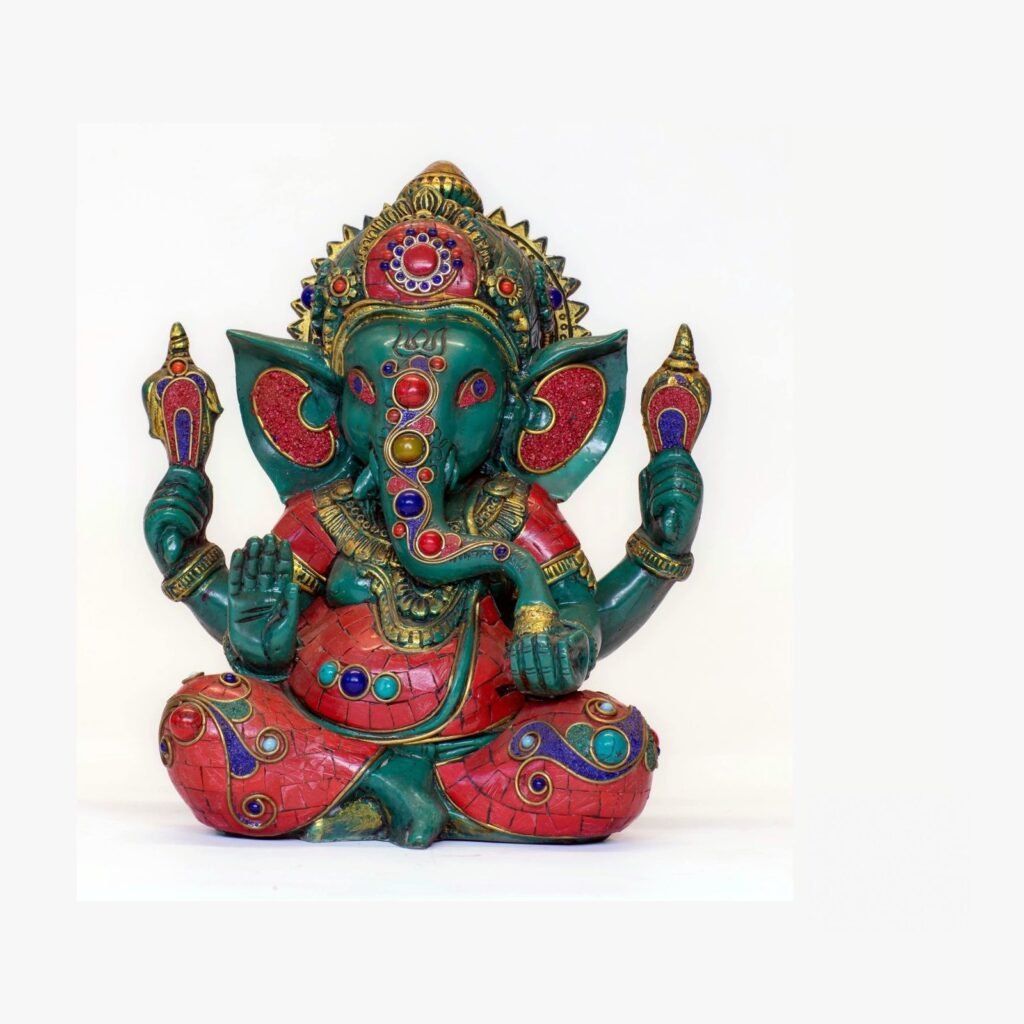 Resin Ganesh Statue — Lapis, Turquoise & Coral Inlay (11″)