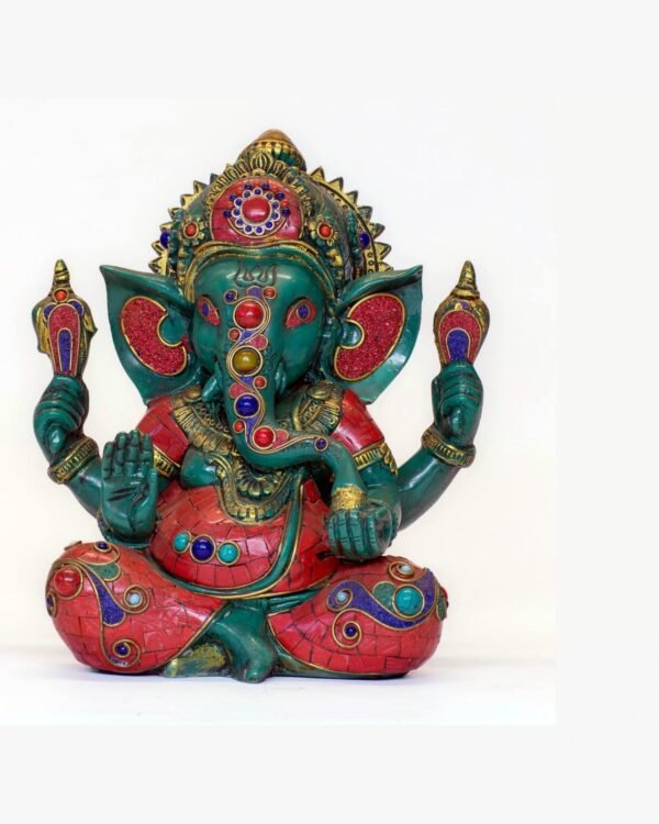 Resin Ganesh Statue — Lapis, Turquoise & Coral Inlay (11")
