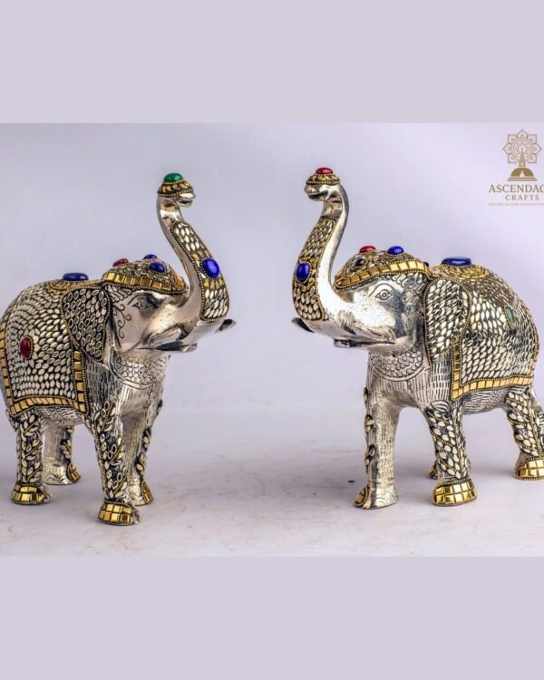 Jewelled Elephant Statue — White-Metal with Stone Inlay