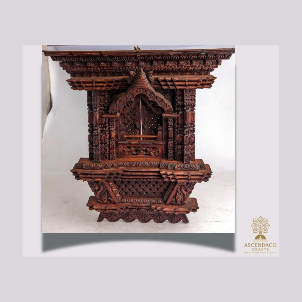 Hand-Carved Wooden Jharokha Window Frame — Newari Temple Wall Décor from Nepal