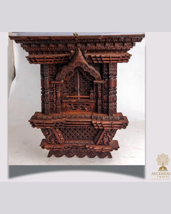 Hand-Carved Wooden Jharokha Window Frame — Newari Temple Wall Décor from Nepal