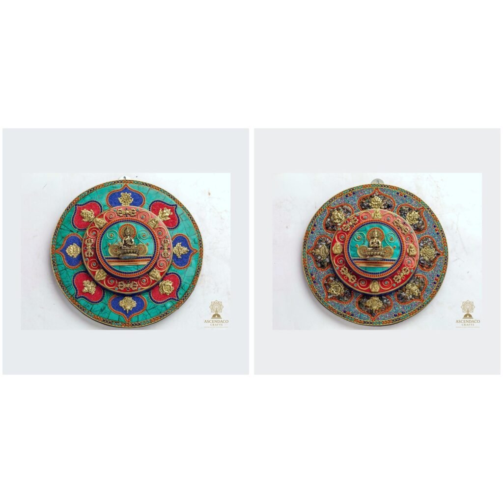 Tibetan Mandala Wall Plate — Buddha, Turquoise & Coral Inlay (10″)