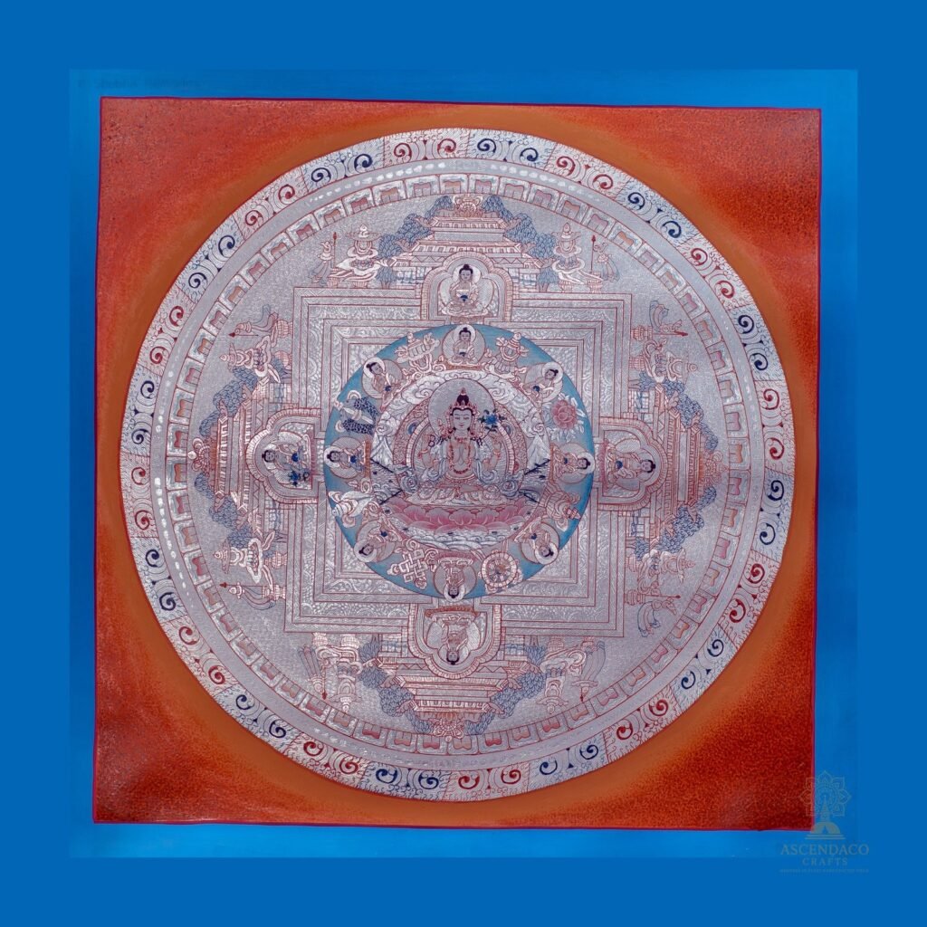 Silver Circle Mandala (Golo Mandala) Thangka — Hand-Painted Tibetan Buddhist Art