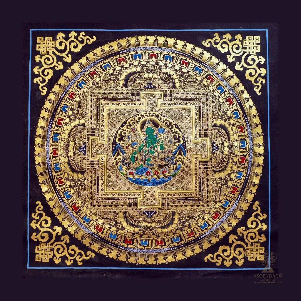 Green Tara Black Mandala Thangka — Hand-Painted Tibetan Buddhist Art