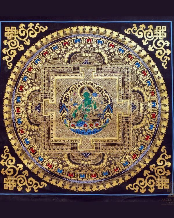 Green Tara Black Mandala Thangka — Hand-Painted Tibetan Buddhist Art