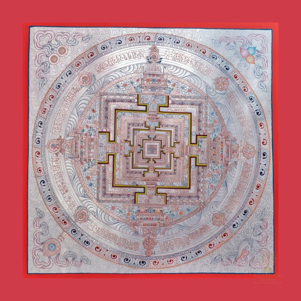Silver Kalachakra Mandala Thangka — Hand-Painted Tibetan Buddhist Art
