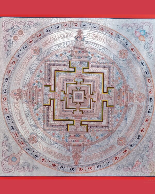 Silver Kalachakra Mandala Thangka — Hand-Painted Tibetan Buddhist Art