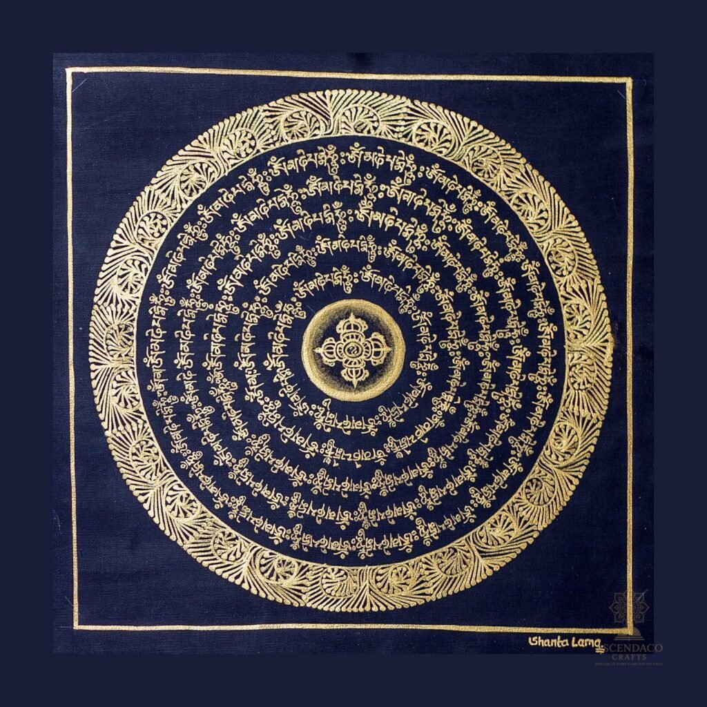 Black Mantra Mandala Thangka — Hand-Painted Tibetan Buddhist Art
