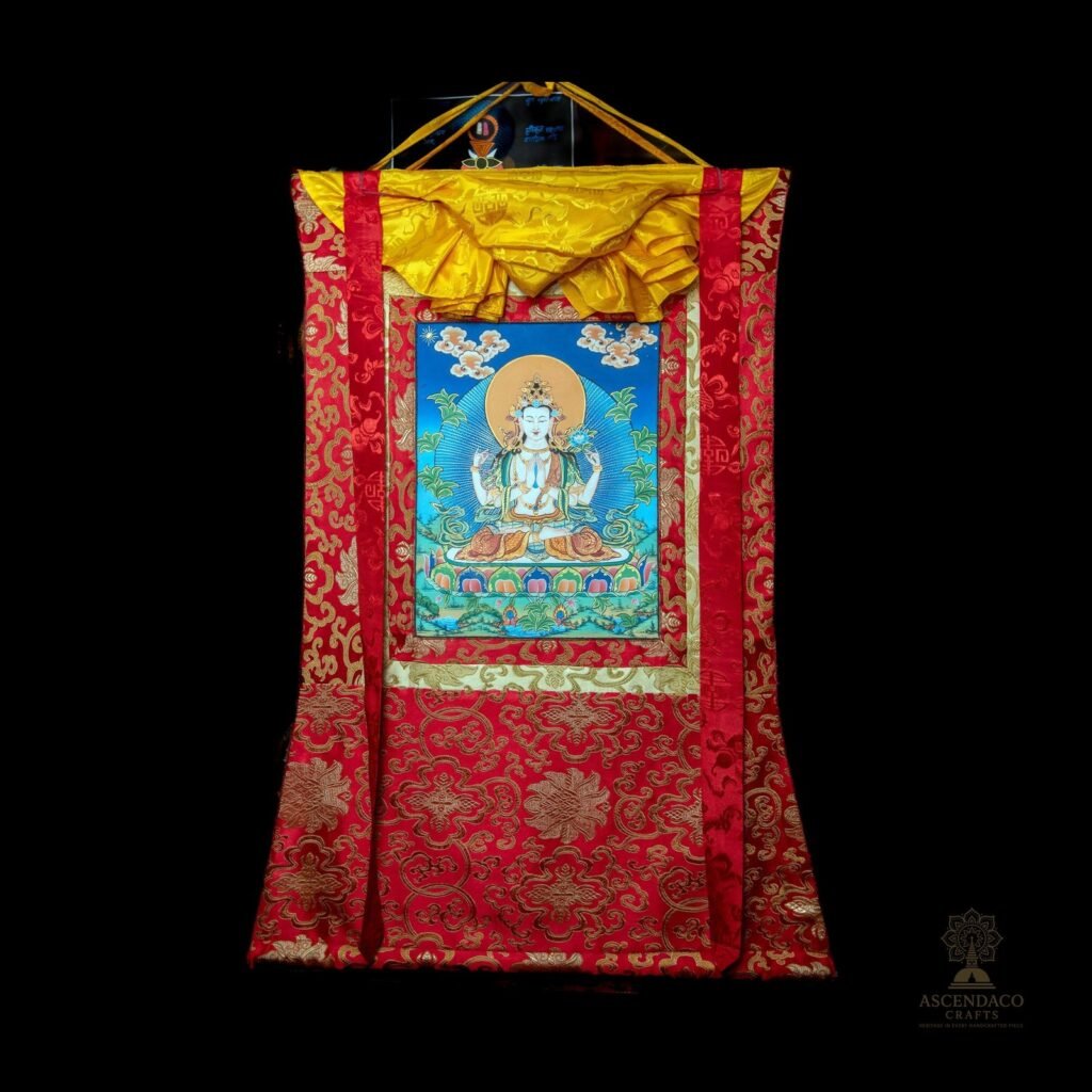 Chenrezig Brocade Thangka Thangka — Hand-Painted Tibetan Buddhist Art