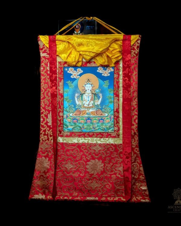 Chenrezig Brocade Thangka Thangka — Hand-Painted Tibetan Buddhist Art