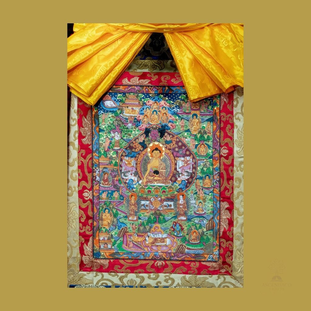 Brocade Buddhas Story Thankga Thangka — Hand-Painted Tibetan Buddhist Art
